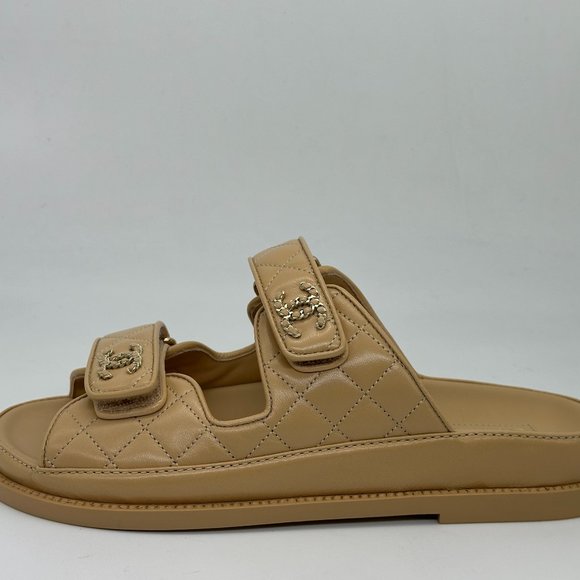 CHANEL 24P 2024 Quilted Leather CC Logo Flat Slide Dad Sandals Shoes Beige - Picture 2 of 16